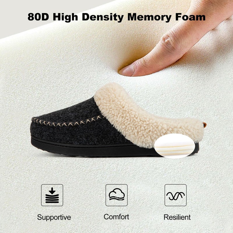 LongBay Womens Felt Sherpa Bedroom Slippers Warm Cozy Wool-Like Moccasin Slippers for Indoor Outdoor Winter Memory Foam House Shoes Slip-On with Fuzzy Plush Lining Black,9-10 - Image 4